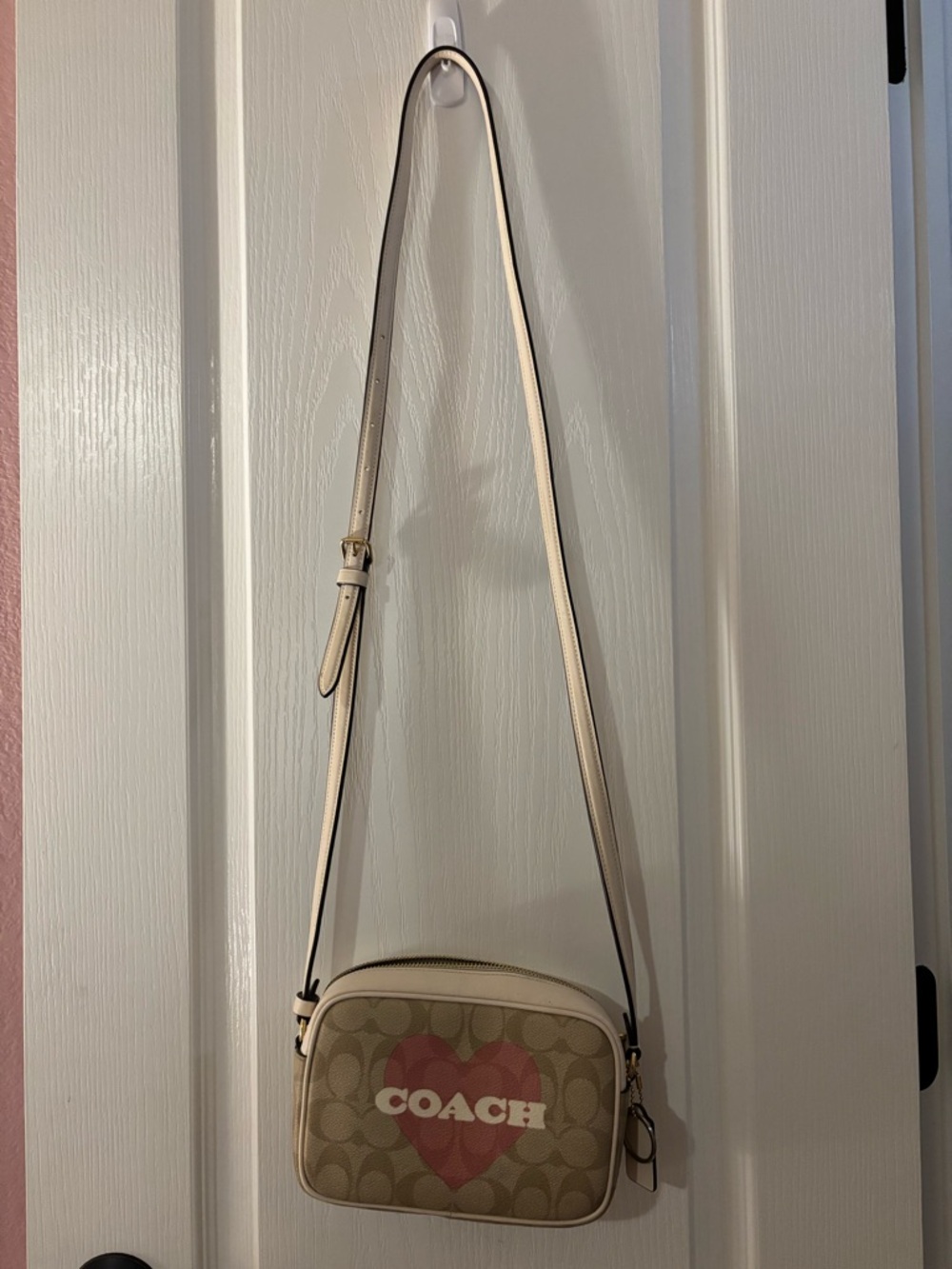 Coach Beige Signature Crossbody with Pink Heart